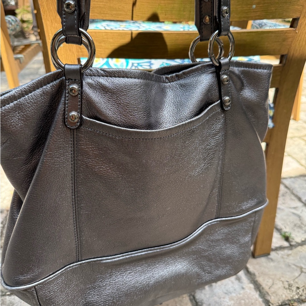 B Makowski, Leather Tote Bag pewter gray great used condition